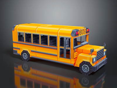 Yellow School Bus Lego Model With Windows Door And BUS Sign On Gray Background 3d model