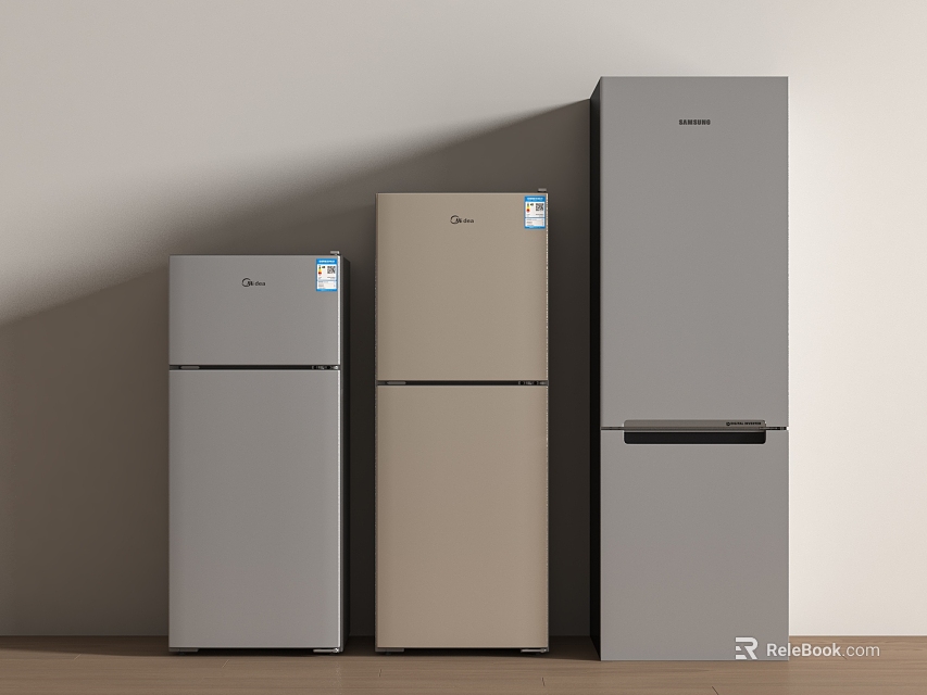 Three Modern Refrigerators in Silver Beige Colors with Different Sizes and Styles 3d model 