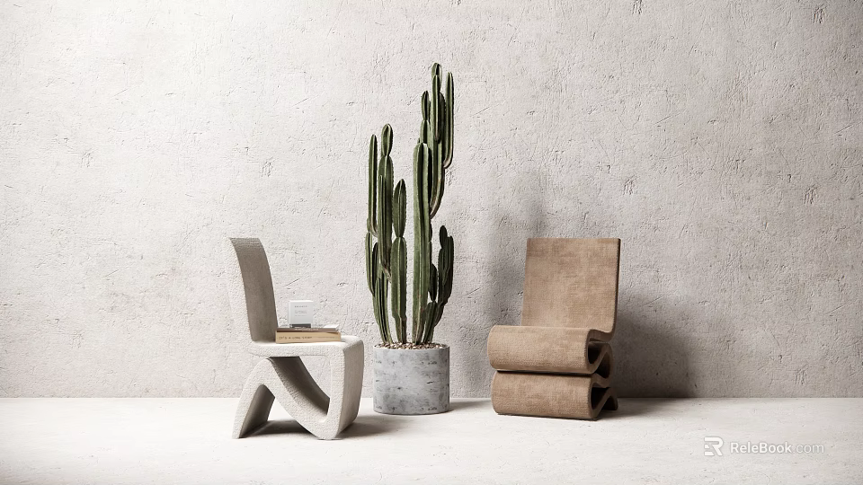 Modern Light Gray And Brown Stackable Dining Chairs With Tall Cactus In Gray Pot 3d model 