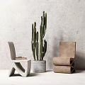 Modern Light Gray And Brown Stackable Dining Chairs With Tall Cactus In Gray Pot