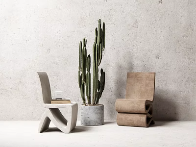 Modern Light Gray And Brown Stackable Dining Chairs With Tall Cactus In Gray Pot 3d model