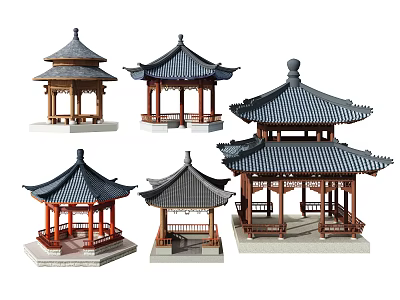 Chinese Traditional Pavilion Models Featuring Various Roof Styles and Wooden Structures 3d model