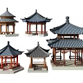 Chinese Traditional Pavilion Models Featuring Various Roof Styles and Wooden Structures