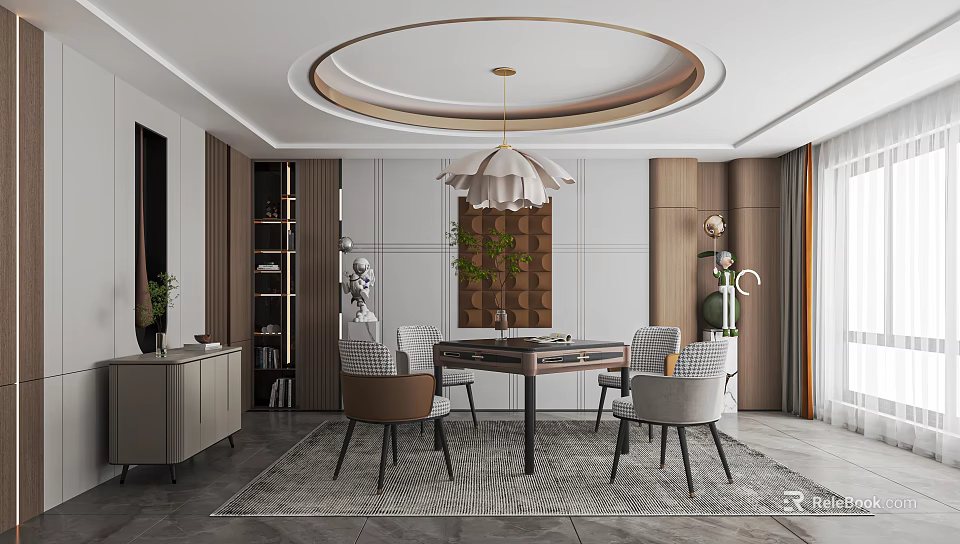 Elegant Modern Hotel Mahjong Room Interior With Round Table Comfortable Chairs And Stylish Chandelier 3d model 