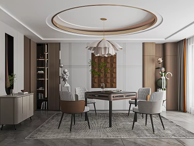 Elegant Modern Hotel Mahjong Room Interior With Round Table Comfortable Chairs And Stylish Chandelier 3d model