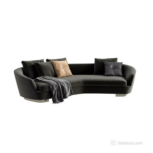 Elegant Black Curved Sectional Sofa With Decorative Pillows And Gray Throw Blanket 3d model