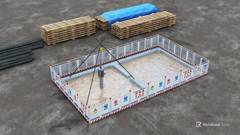 Construction Site Fencing Enclosing Drilling Area With Wooden Pallets And Blue Tarpaulin 3d model 