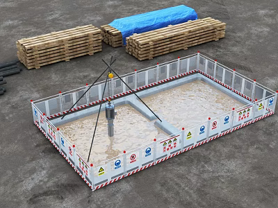 Construction Site Fencing Enclosing Drilling Area With Wooden Pallets And Blue Tarpaulin 3d model