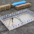 Construction Site Fencing Enclosing Drilling Area With Wooden Pallets And Blue Tarpaulin