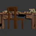 Wooden Study Desk And Chair Set With Stacked Books And Table Lamp