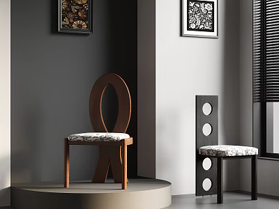 Brown Wooden Chair With Circular Backrest And Black Chair With Hole Design In Gray Room 3d model