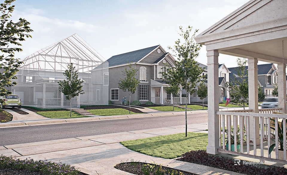 Charming Modern Townhouse Exterior With Gray Siding Lawn Trees And Street View 3d model 