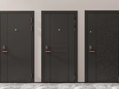 Black Security Doors In Three Different Designs With Orange Handles And Locks 3d model