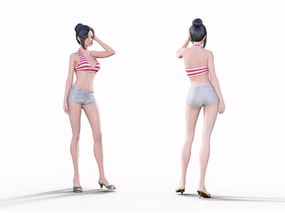 Woman In Striped Tank Top And Gray Shorts With High Heels Front Back Views 3d model
