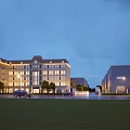 Modern Industrial Factory Building Exterior With Well Lit Windows And Parking Area
