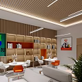 Modern Break Room Interior Design With Wooden Ceiling Lighting Sofas And Tables 3d model