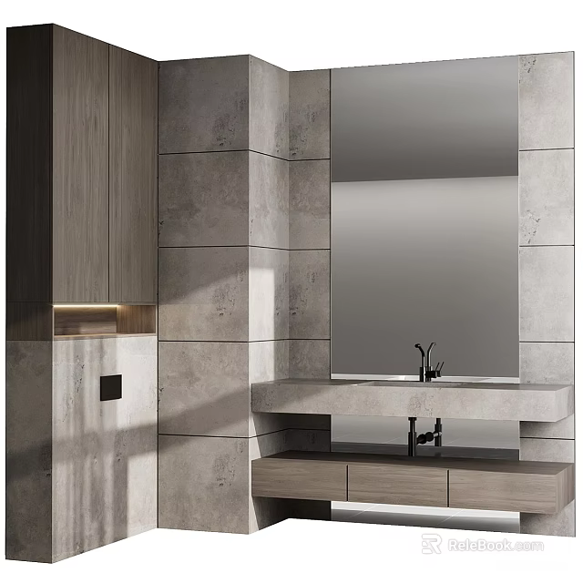 Modern Bathroom Washbasin Design With Stone Wall Panels Large Mirror And Wooden Cabinet 3d model 