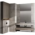 Modern Bathroom Washbasin Design With Stone Wall Panels Large Mirror And Wooden Cabinet