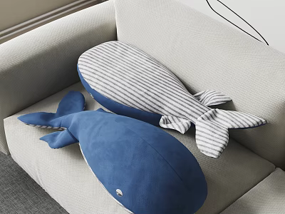 Cute Whale Shaped Blue And Gray White Striped Decorative Pillows On Sofa 3d model