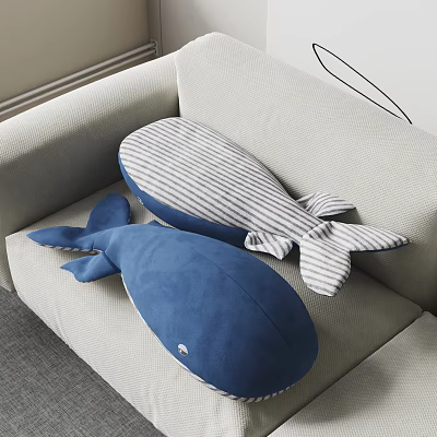 Cute Whale Shaped Blue And Gray White Striped Decorative Pillows On Sofa 3d model