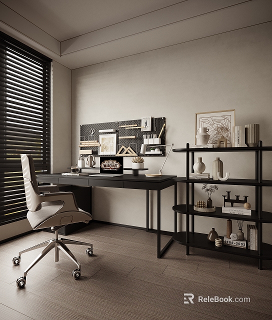 Modern Home Office Desk Interior With Black Pegboard Beige Chair And Decorative Shelving 3d model 