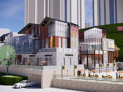 Modern Commercial Architecture With Glass Facade Stone Exterior And Outdoor Dining Area 3d model