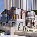 Modern Commercial Architecture With Glass Facade Stone Exterior And Outdoor Dining Area