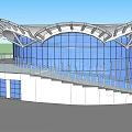Modern Architectural Building Exterior Featuring Blue Glass Curtain Wall Unique White Roof And Spiral Structure