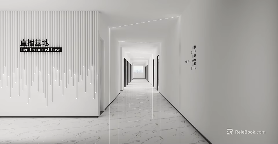 Modern Office Hallway with White Walls Vertical Striped Decor Marble Floor and Room Numbers 3d model 