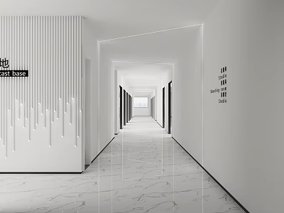 Modern Office Hallway with White Walls Vertical Striped Decor Marble Floor and Room Numbers 3d model