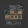 Traditional Medieval Cottage With Timber Frame Stone Base Gray Tiled Roof And Chimney
