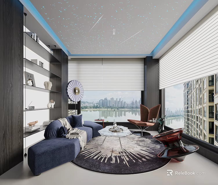 Modern Recreation Room With City View Floor To Ceiling Windows Blue Sofa Round Rug 3d model 