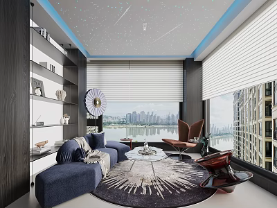 Modern Recreation Room With City View Floor To Ceiling Windows Blue Sofa Round Rug 3d model