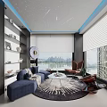 Modern Recreation Room With City View Floor To Ceiling Windows Blue Sofa Round Rug