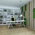 Cozy Lounge Area With White Bookshelves Numerous Books Green Plant Wall And Colorful Chairs