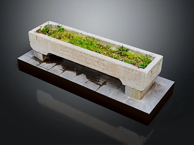 Green Plants Growing In Rectangular Stone Planter With Stone Slab Base 3d model