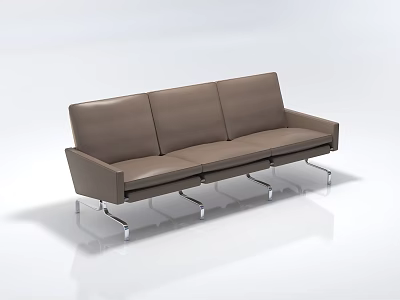 Three Seater Sofa In Modern Design With Brown Leather Upholstery And Chrome Metal Legs 3d model
