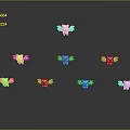 Colorful Winged Creatures in Yellow Pink Orange Green Blue Arranged on Black Background with Reflections