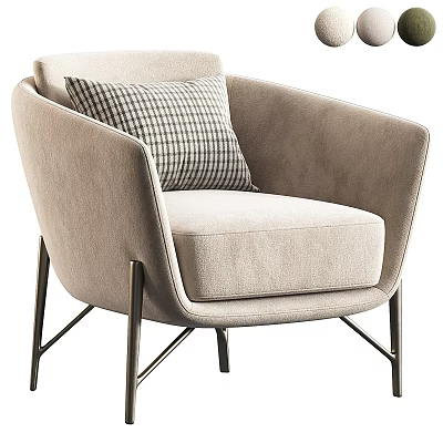 Modern Single Sofa Upholstered In Light Beige Fabric With Checkered Pillow And Metal Legs 3d model