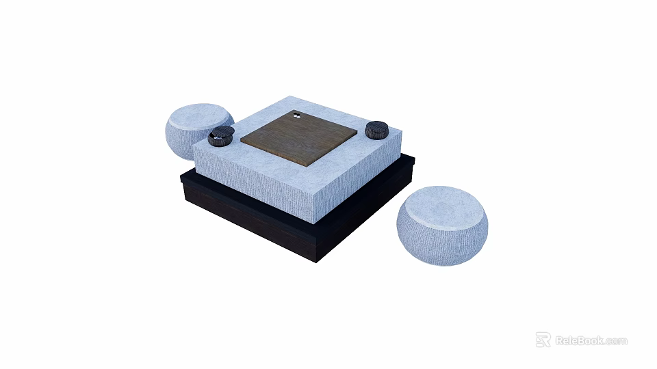 Gray Stone Tea Table Set With Round Stools And Black Base Tea Tray 3d model 