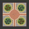 Colorful Flower Plants In Circular Beds At Urban Square With Street Lamps And Paved Paths