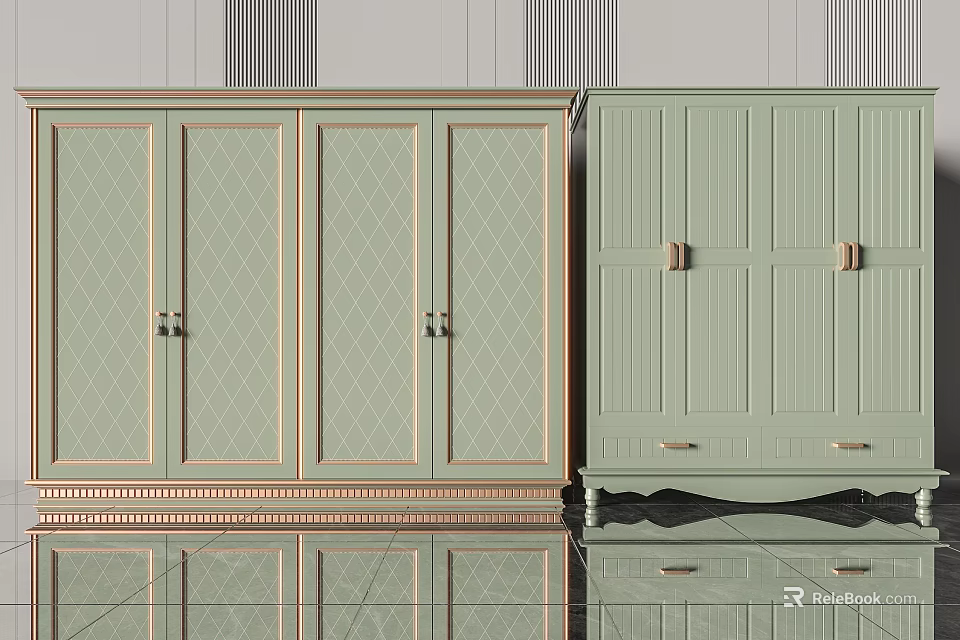 Light Green Wardrobe Design With Diamond Pattern Vertical Stripes Drawers And Metallic Handles 3d model 