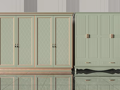 Light Green Wardrobe Design With Diamond Pattern Vertical Stripes Drawers And Metallic Handles 3d model