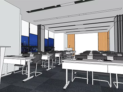 Modern Conference Room Interior Design With Tables Chairs Blue Windows And Ceiling Lights 3d model