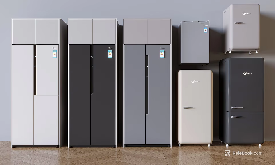 Modern Refrigerators and Freezers in Various Colors and Styles for Display Space 3d model 
