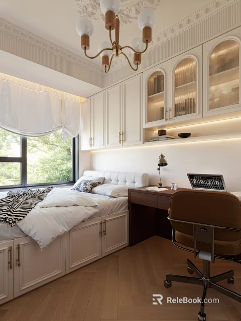 Modern Tatami Bedroom Interior With White Cabinets Window Curtains Desk And Chair 3d model 
