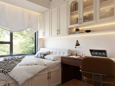 Modern Tatami Bedroom Interior With White Cabinets Window Curtains Desk And Chair 3d model