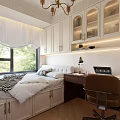 Modern Tatami Bedroom Interior With White Cabinets Window Curtains Desk And Chair