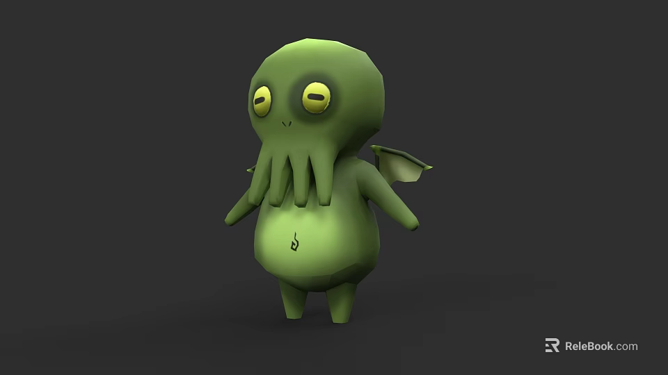 Green Cartoon Octopus 3D Model With Big Eyes Tentacles And Small Wings 3d model 