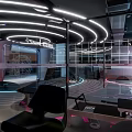 Modern Fitness Gym With Circular Neon Lights Workout Equipment And Mirror Walls
